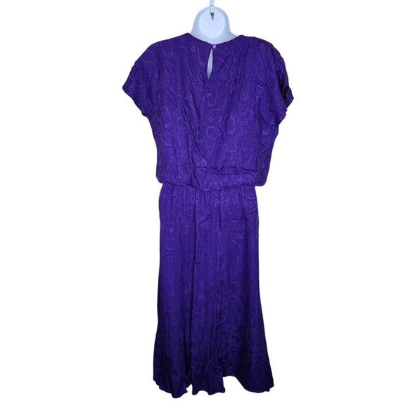 Vintage 80s Cap Sleeve Blouson Dress Womens Size 6 Royal Purple Paisley - Picture 3 of 7